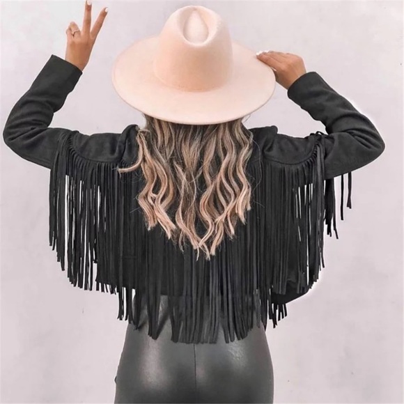 Jackets & Blazers - SOLD OUT Black Faux Leather Suede Fringe Cropped Western Boho Moto Jacket